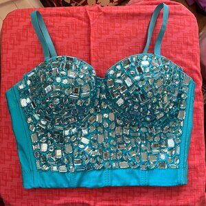 hand-embellished aqua rhinestone bustier